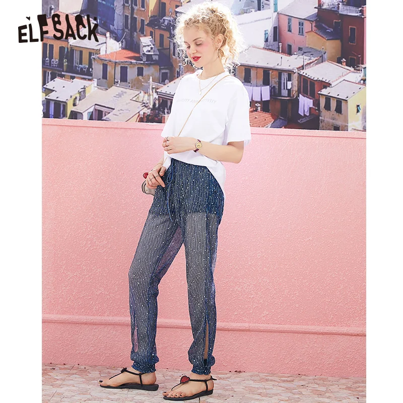 

ELF SACK Fashion Cotton Casual Two Piece Set Basis Letter Print White Tee And Glitter Hollow Out Pants 2019 Summer Women Suits