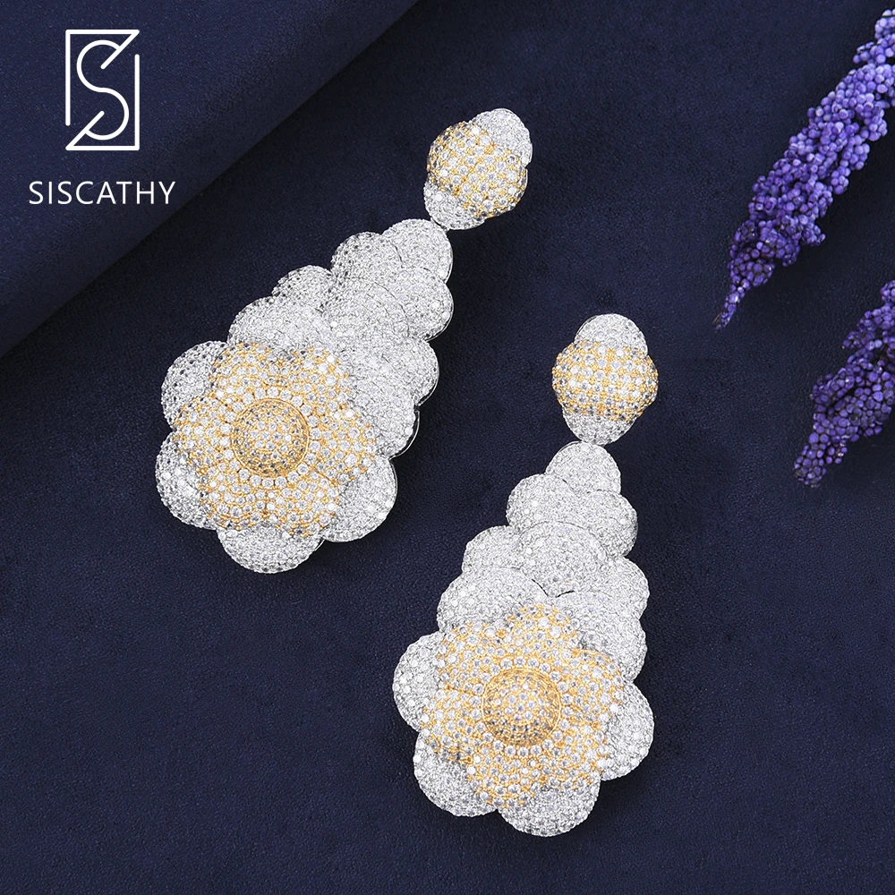 

Deluxe Big Earrings Flower Shape Cubic Zirconia Inlaid Drop Dangle Earrings For Nigerian African Women Bridal Engagement