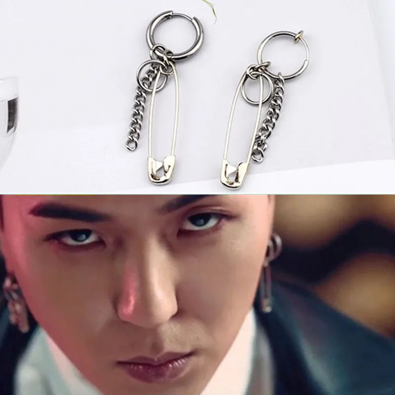 

KPOP DNA Korean V 1 Pcs Stainless Steel Safety Pin Geometry Chain Earrings Irregular Earring For Fashion Women and men Jewelry
