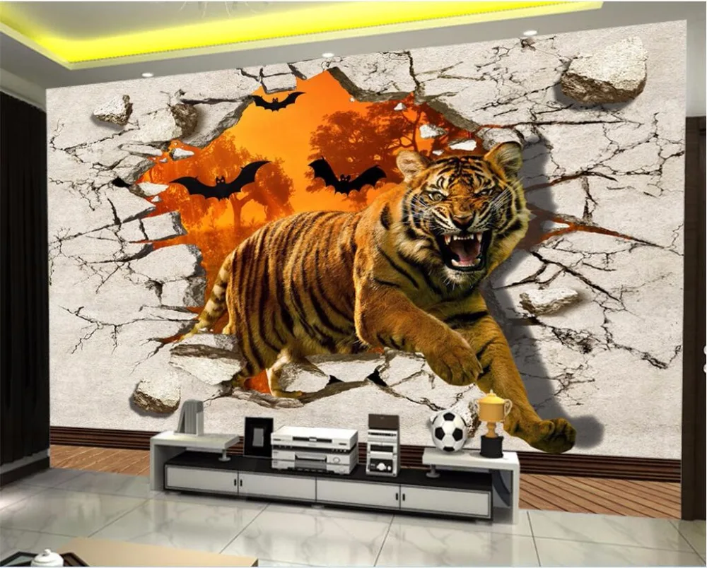 3d Ruang Wallpaper Kustom Foto Harimau Sengit Memecahkan Dinding