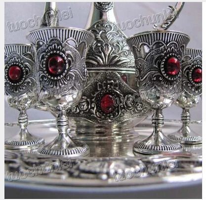 

Asia tribu Tibet plata del embutido gema roja grupos Flagon unid y Pallet herramientas boda China wholesale factory Bronze Arts