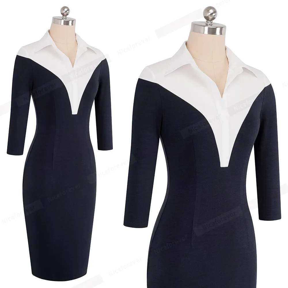 Хорошее-forever винтажное контрастное цветное лоскутное платье с отложным воротником для работы vestidos офисное деловое женское облегающее платье B420