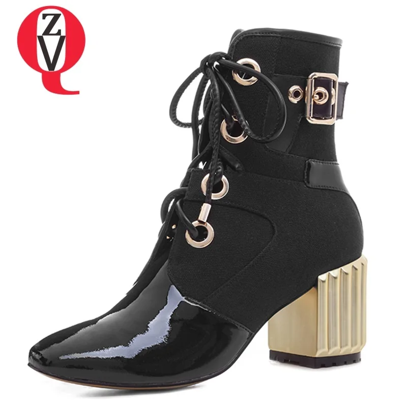 

ZVQ women shoes 2018 newest genuine leather square toe zip and lace-up high square heel metal decoration booties free shipping