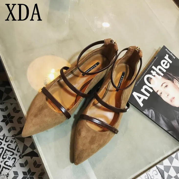 

XDA 2019 Spring New Fashion Women Suede zipper Flat single shoes Fashion High Quality Basic Pointy Toe Ballerina casual Shoes