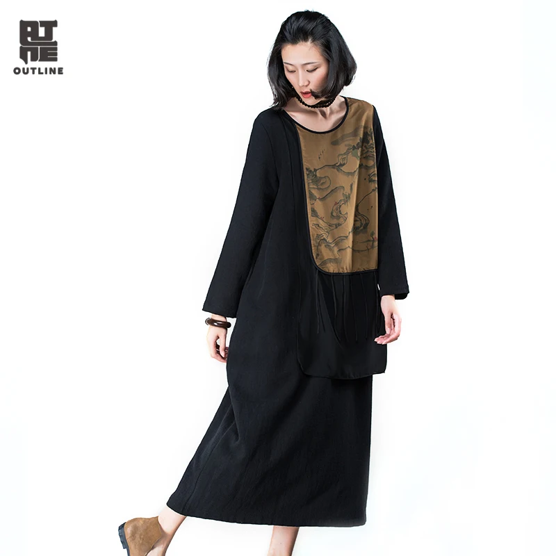 

Outline Spring Women Loose Dress Vintage Full Sleeve O-neck Ankle-Length Patchwork Dresses Print Cotton Plus Size Dress L163Y026