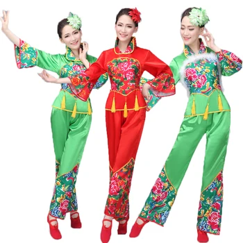 

Vintage Women Yangko Dance Costume Chinese Folk Dancing Clothes Tassels Print Floral Classic Stage Performance Clothing Suit