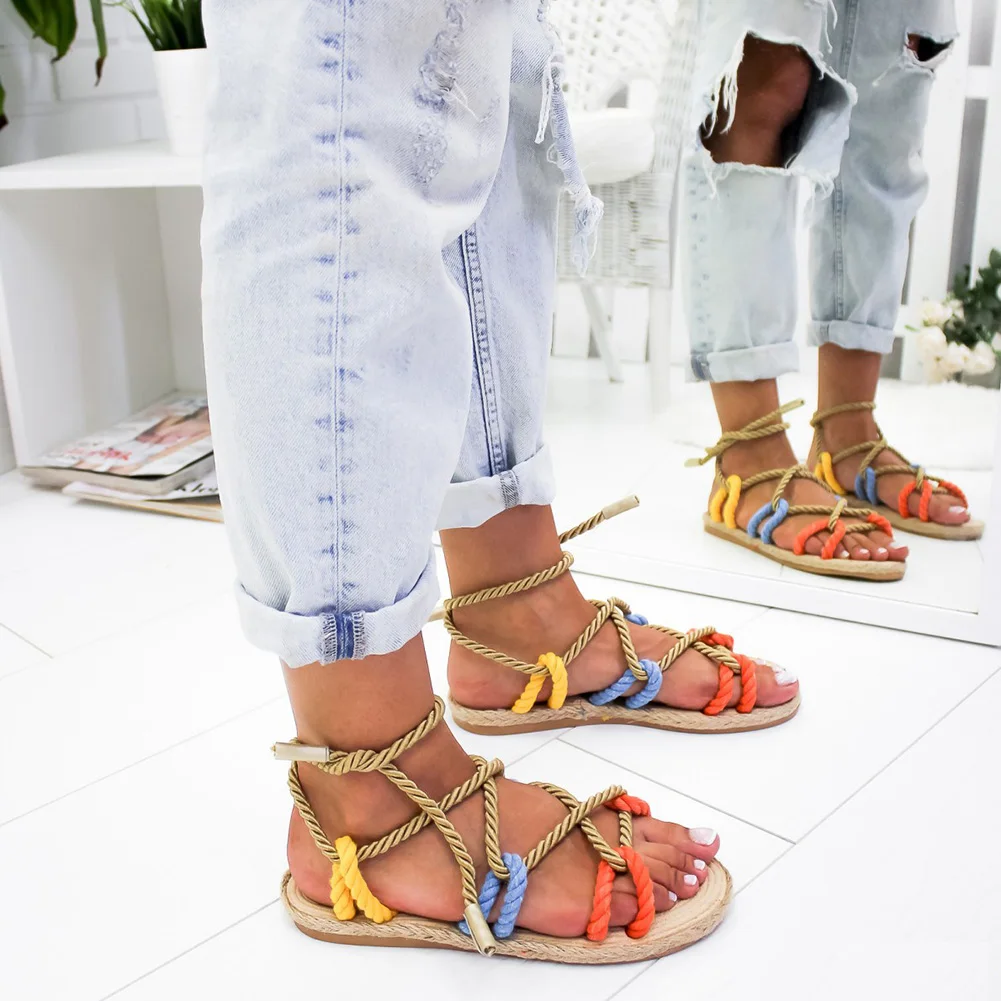 

Women's Summer Beach Weaving Sandals Soft New Fashion Hemp Rope Toe Casual Cross Tied Shoes Contrast Color Female Large Footwear