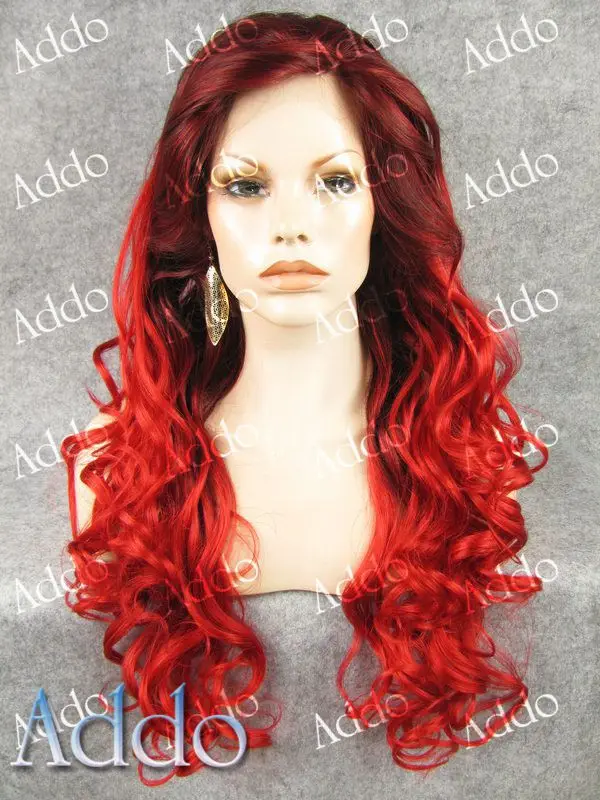 

Kim Kardashian Extra Long Wavy Dark Roots Red wig Synthetic Lace Front Wig heating resistant cheap cosplay wigs free shipping