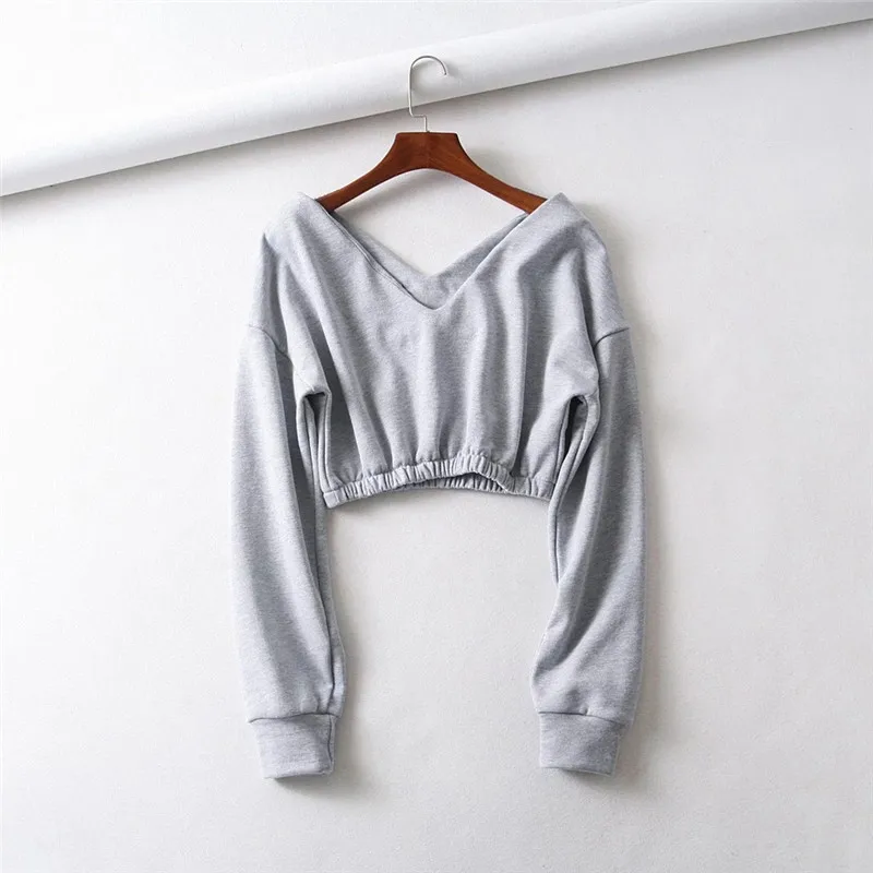 

spring women red sexy Deep V-neck Knitted long sleeve elastic Hem Crop Sweatshirt pullovers femme fashion black autumn jumpers