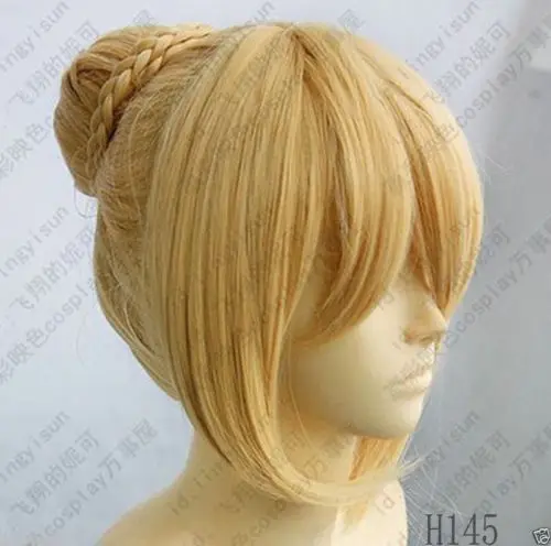 

Medium Fate Stay Night Saber Cosplay Wig Gold color Heat resistant ladies peruvian Hair None Lace Wigs Lady GaGa's Hairstyle
