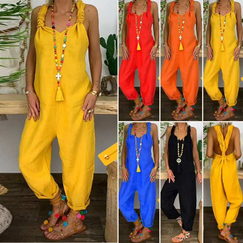 

Solid Color New Fashion Women Cotton Jumpsuit High Waist Female Women Summer Casual Sleeveless Playsuit Loose Wide Leg Trousers