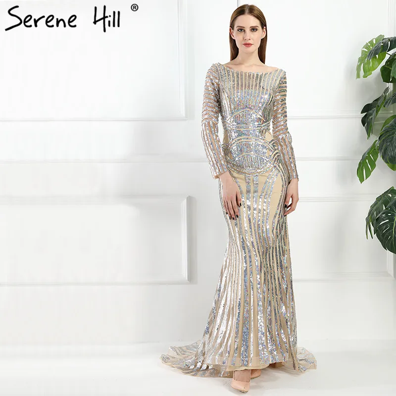 2017 Luxury Long Sleeve Sequined Mermaid Evening Dresses Backless Dubai Arabic Robe De Soiree Long Party