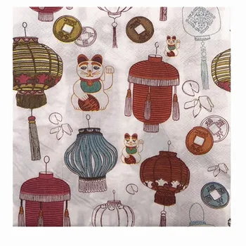 

20 vintage napkins paper tissue print china new year lantern lucky cat handerchief decoupage wedding birthday party cafe decor