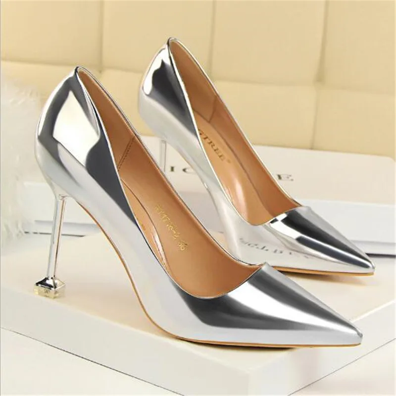 

Fashion Star Woman high-heeled Shoes Korean Shallow Patent Leather Heels Pumps Slip On Pointed Female Dress Office Shoes