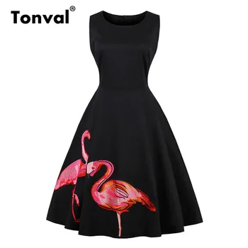 

Tonval Black Embroidery Flamingo Dress Women O-Neck Rockabilly Retro Summer Dresses Pin Up A Line Cotton Glamorous Dress
