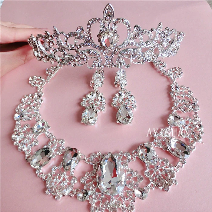 Continental white rhinestone necklace earrings bri...