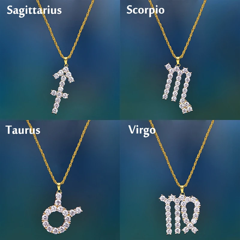 Gifts Sale Zodiac Sign 12 Constellations Pendant Iced Out Rhinestone Clavicle Chain Women& Mens Jewelry Necklaces for Hip Hop