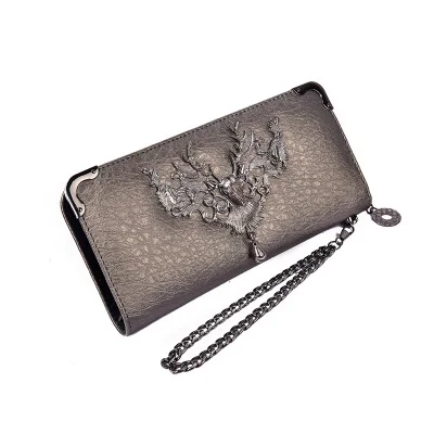 new European and American tide metal deer head wallet female long multi-card student zipper handkerchief coin purse 064 - Цвет: deer champagne