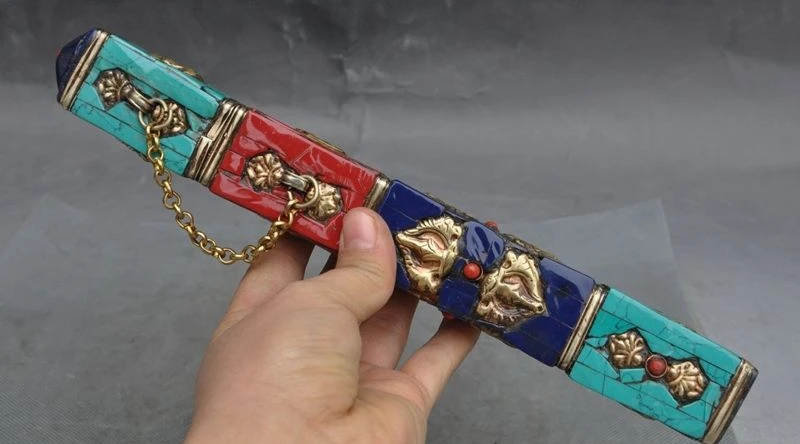 

10" Old Tibet Buddhism Brass Inlay Turquoise Coral Buddha Phurpa Incense barrel