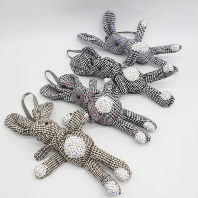 Cute Long Ear Diamond Bunny Rabbit Dolls Fashion Cartoon Plaid Keychain Toys Key Bag Pendant Dolls 5pcslot  (1)
