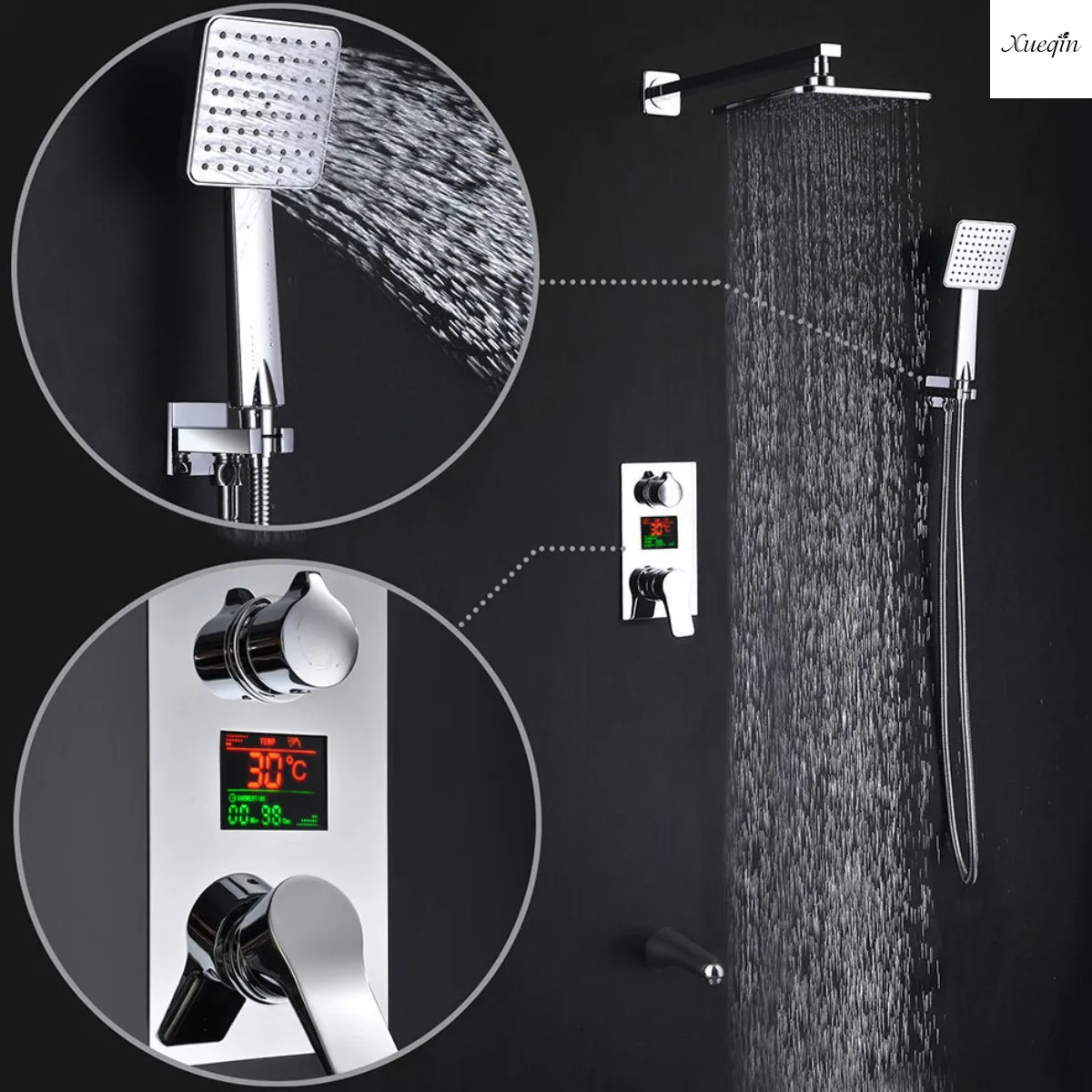 

LED Digital Display Shower Faucet Set Bath Rainfall Shower Head 3 Function Faucet Cartridges Valve 360Degree Rotation Tub Spout