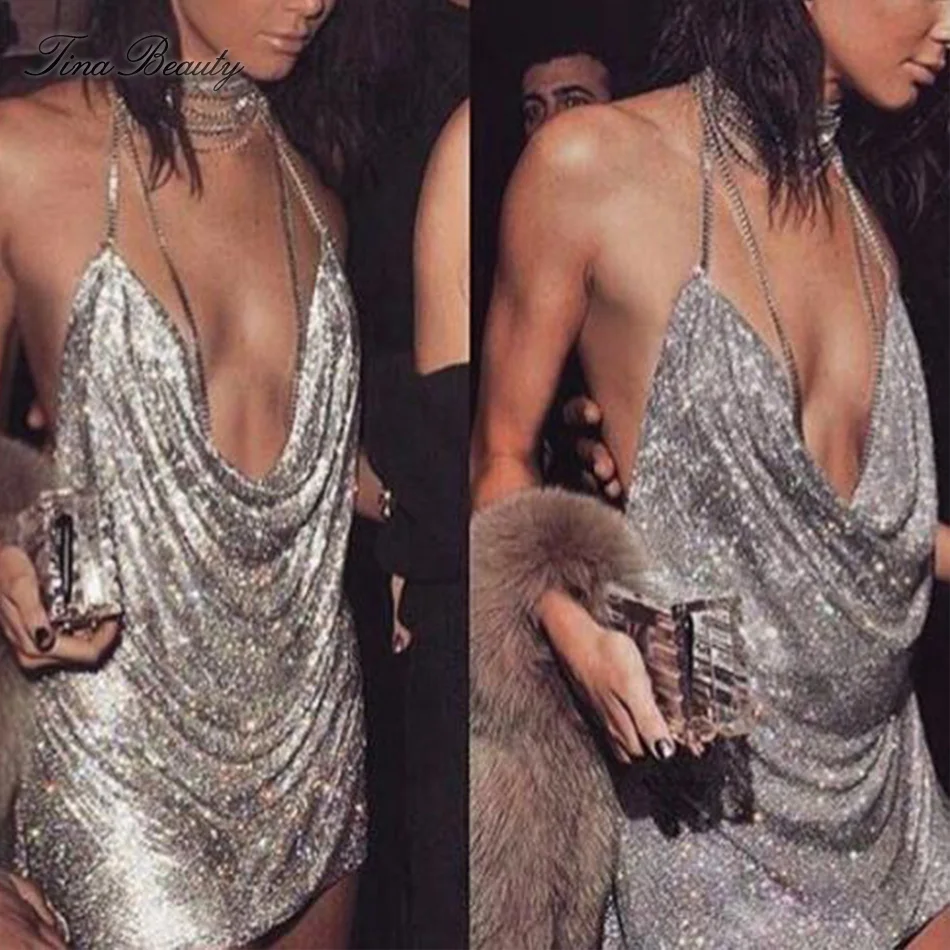 

Tina Beauty Shimmer Diamonds Sleeveless Halter Rhinestone Stud Mini Dress Sexy Glitter Clubwear Evening Vestidos