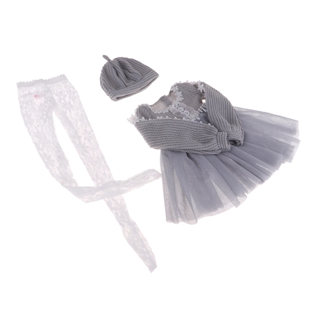 Fashion Sweater Gauzy Coat Dress with Beret Lace Stockings Hat Leggings Suits for 1/3 BJD 60cm Dolls Accs Gray