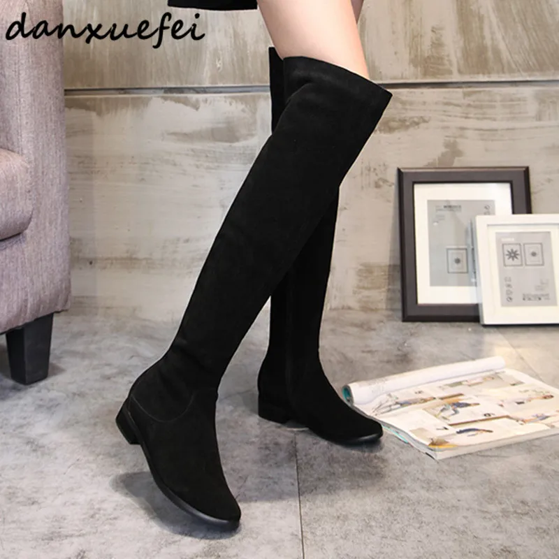

Women's Genuine Suede Leather Black Over The Knee Knight Boots Brand Designer Flats Winter Long Boots High Quality Comfort Shoes