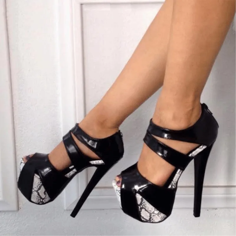 

Women Sandals 2019 Fashion High Heels Wedding Party Shoes For Women Lady Sandals Plus Size PU Snake Peep Toe, Zipper