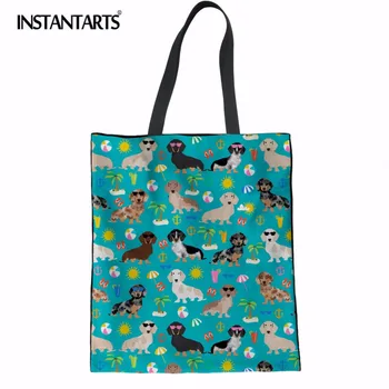 

INSTANTARTS Dachshund Pattern Women Linen Shopping Bag Durable Cotton Cloth Pouch Portable Summer Beach Reusable Bag Girl Lady