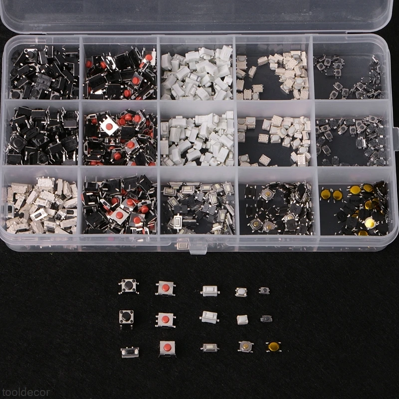 

750PCS 15 Value Tactile Push Button Switch Micro Switch Momentary Assortment Kit -B119