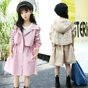 

Fashon Style Girls Cotton Trench Outerwear Kids Long Trench With Embroidery Bee Children Girls Hooded Outerwear Trincheira