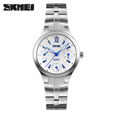 Mujeres reloj de cuarzo skmei marca reloj de lujo 6 manos de acero impermeable relojes de pulsera de negocio caliente señoras plata reloj reloj mujer