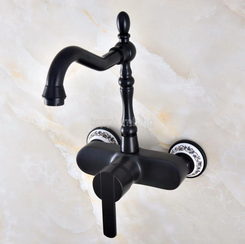 

Black Oil Rubbed Bronze Wall Mounted Bathroom Basin Faucet / 360 Swivel Spout Kitchen Sink Mixer Taps tnf841