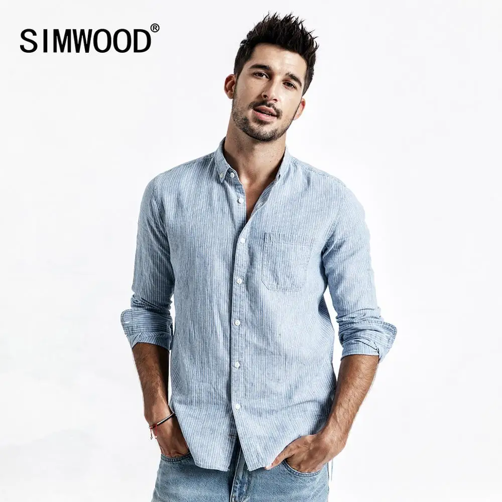 SIMWOOD 2019 الخريف الصيف جديد العمودي مخطط قميص الرجال القطن قميص كتان زائد الحجم camisa الاجتماعية الغمد الملابس 190219