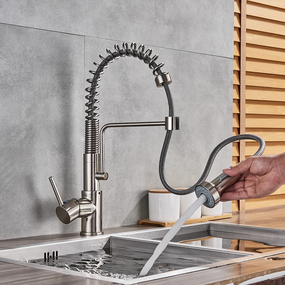 Nickel Brushed Spring Kitchen Faucet Pull out Sprayer Dual Spout Single Handle Mixer Tap Sink