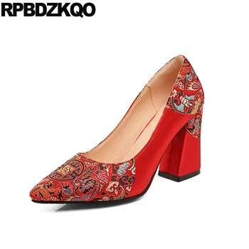 

wedding chunky fashion brand women shoes 2018 size 4 34 medium heels pumps high 3 inch embroidered red embroidery pointed toe