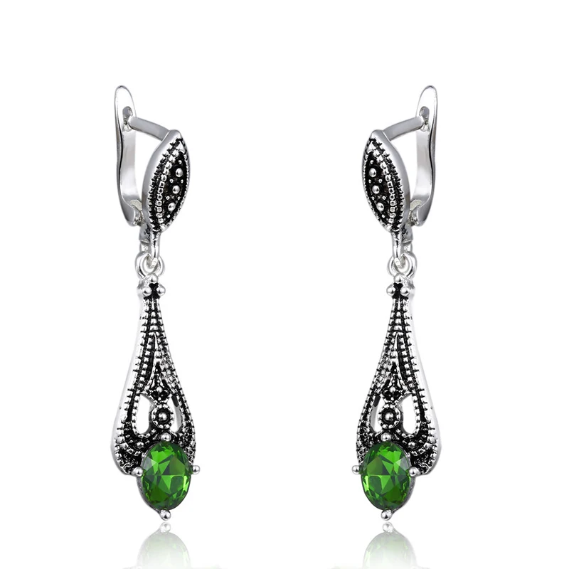 ROMAD Винтаж серебро зеленый хрустальный камень ожерелье для женщин длинные висячие серьги Ретро палец Праздничная бижутерия с кольцами наборы R50