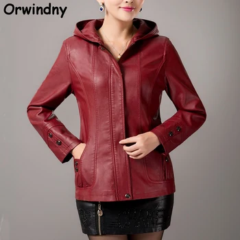 

Faux leather jacket women long sleeve fashion leather coat high quality ladies clothing leather with hooded plus size M-5XL coat