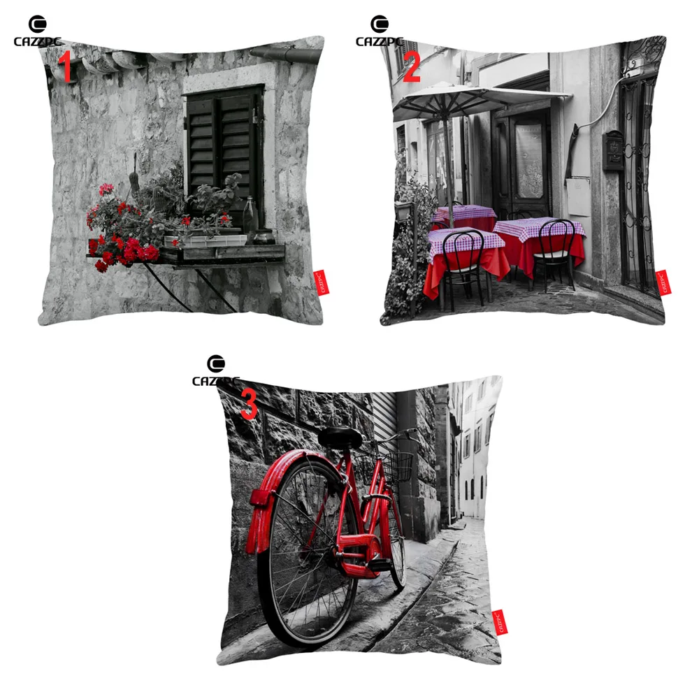 

Black and White Street Window Red Floral Coffee Bike Print Decorative Pillowcase Cushion Covers Sofa Chair Home Decor