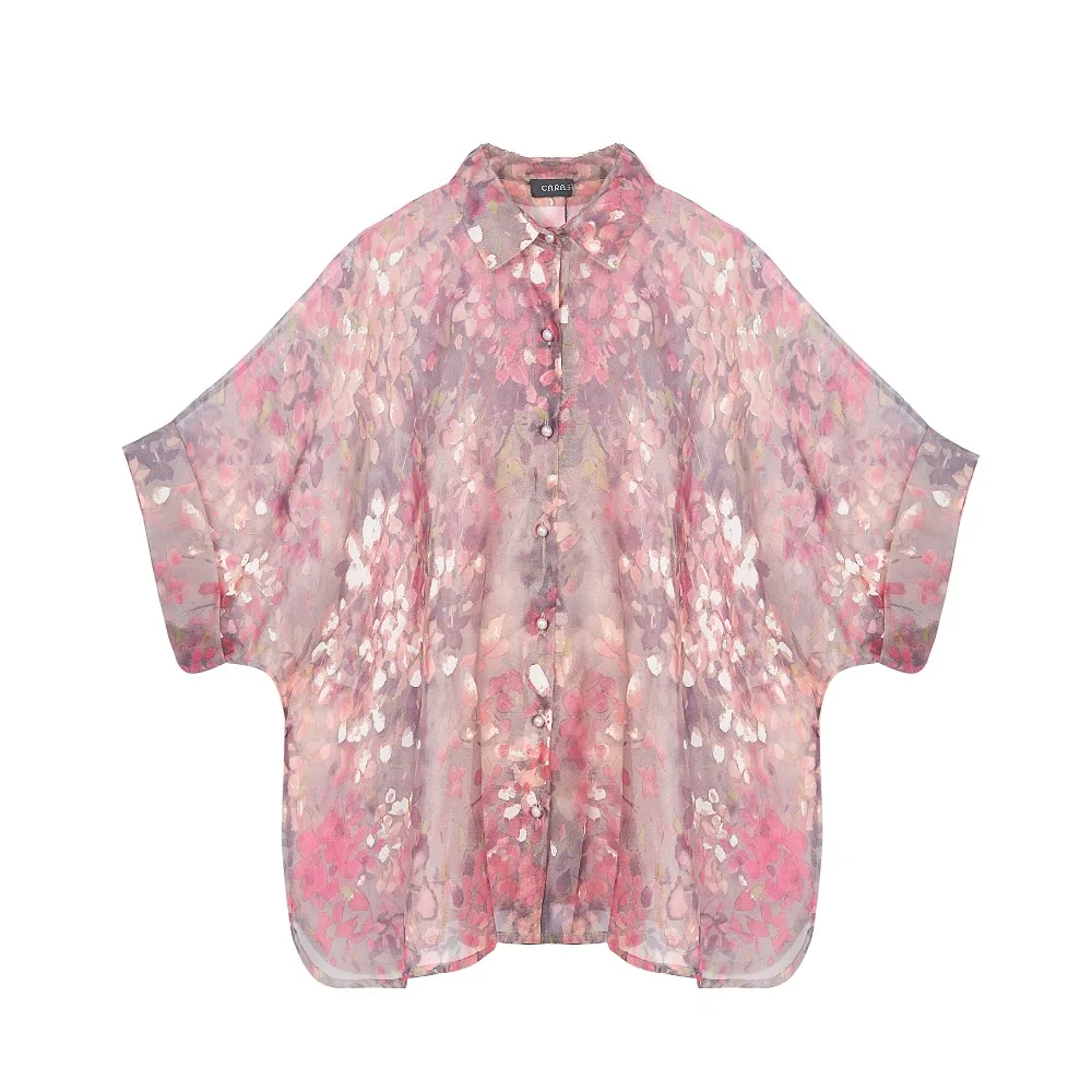 Чистый шелк органза розовая рубашка женская летняя рубашка шелковая блузка с открытыми плечами Casacos Feminino Лето Осень новинка