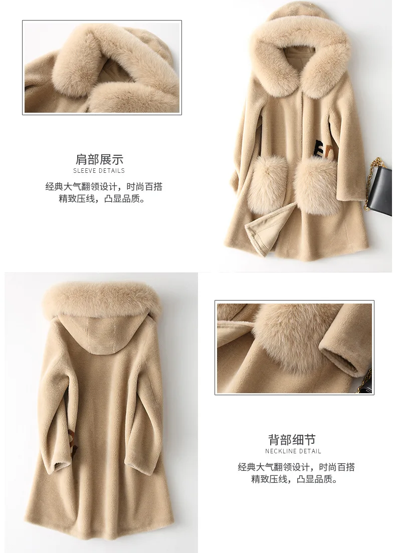 Пальто с натуральным мехом лисы с капюшоном, осенне-зимнее пальто, женская одежда, Корейская винтажная шерстяная куртка из овечьей шерсти ZT3319
