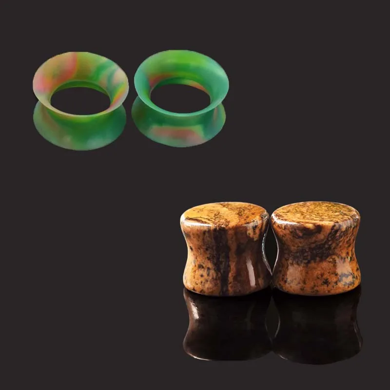 4pcs/lot Natural Stone Ear Gauges Plugs And Silicone Tunnels Natural Stretched Ear Holes Saddle