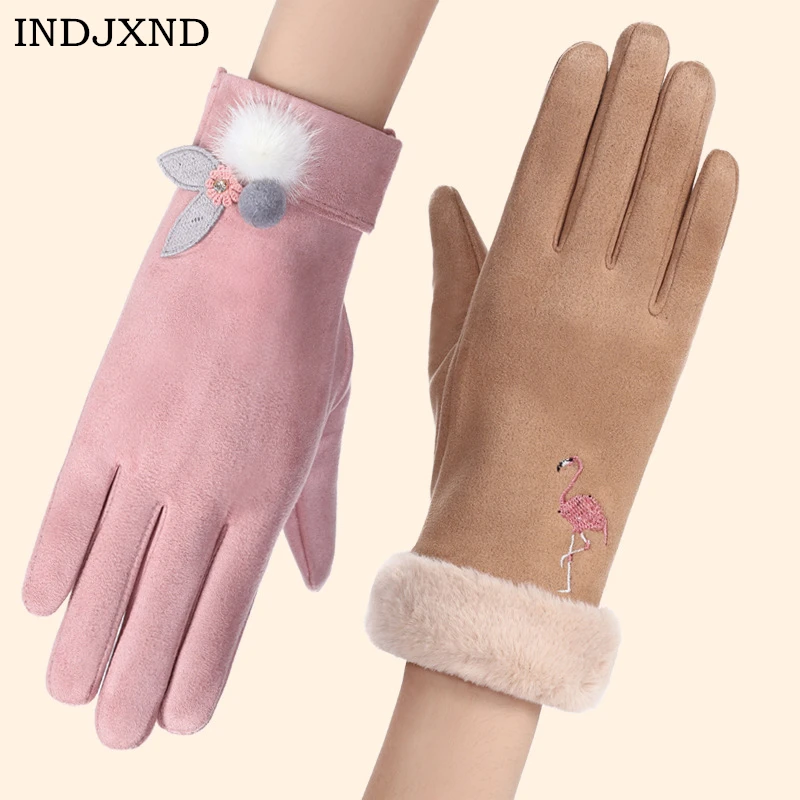 INDJXND Fashion Design Cute Double Buttons Full Finger Gloves Women