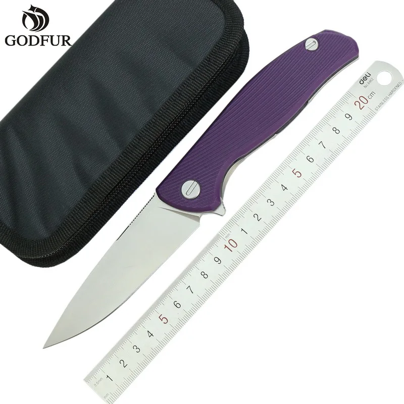 

GODFUR purple Hati 95 folding knife D2 blade G10+ TC4 Titanium handle camping hunting outdoor survival pocket knives EDC tools