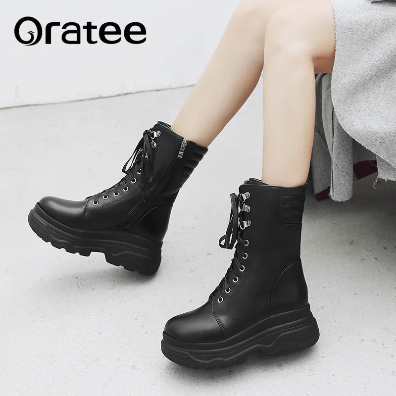 

New Winter Fashion Lace-Up Platform Women's Mid-Calf Motorcycle Boots Waterproof Zip Women Martin Boots Woman Gothic Shoes Plus