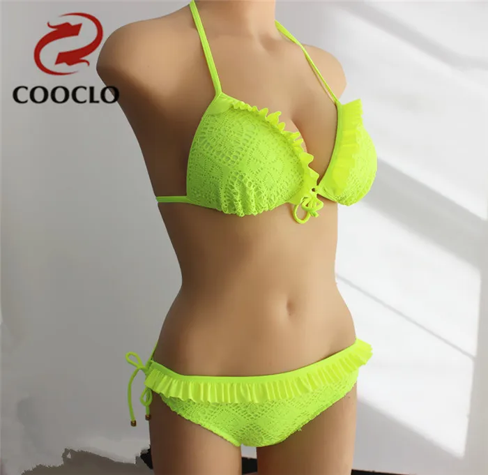 Online COOCLO Sexy Spitze Micro Bikini 2019 Push up Bademode Frauen Strap Solide Biquini Vintage Badeanzug Bikini Set Badeanzug Bademode