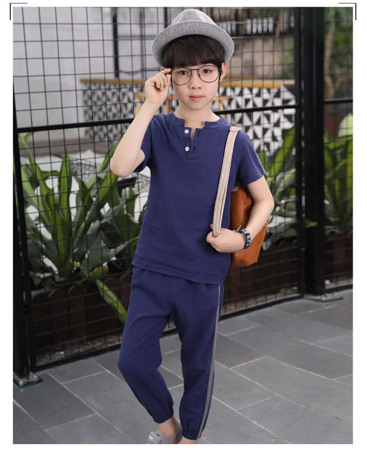 kids 2pcs sets solid o-neck cotton linen tops t shirts for boys sport suits fashion boys clothes children summer 2018 clothing (9)
