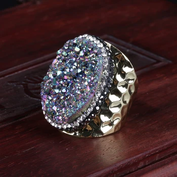 

Hot Sale Color Natural Oval Druzy Stone Charm Pave Rhinestone Wide Wrap Hammered Gold Open Ring cuff Unisex Jewelry Girl Gift