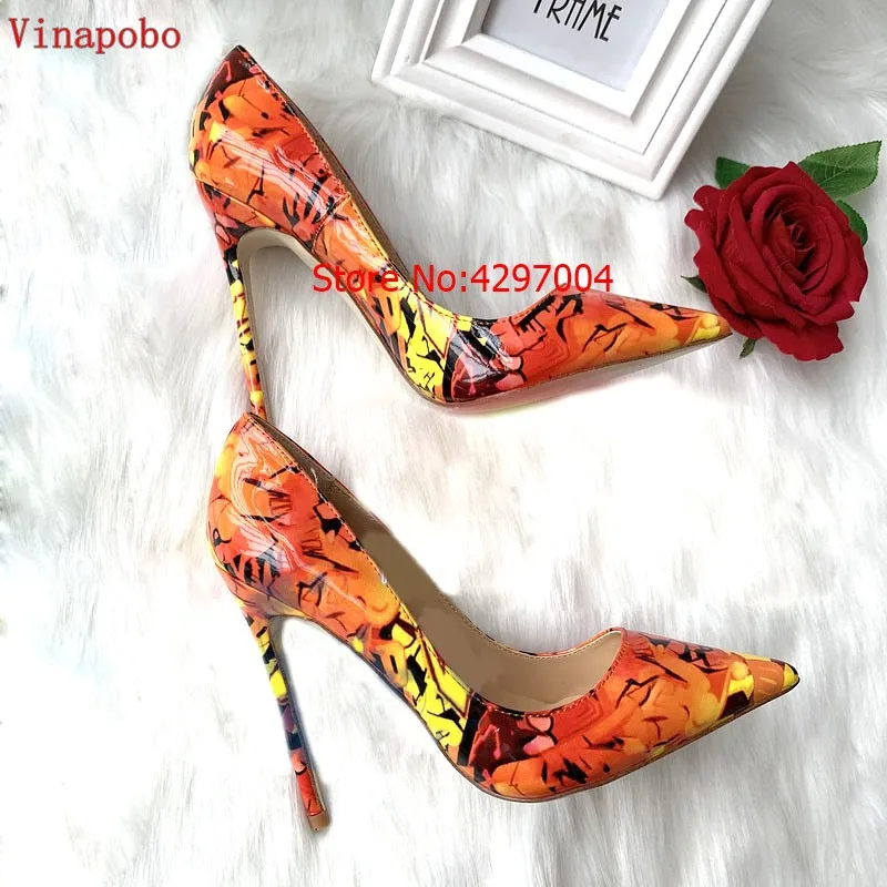 

2019 Vinapobo fashion mixed color print Patent Leather shoes women pumps sexy pointed toe 12/10/8cm thin heel party shoes yellow